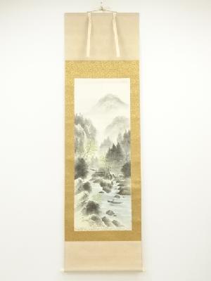 晃堂筆　清渓　彩色山水　肉筆絹本掛軸（保護箱）